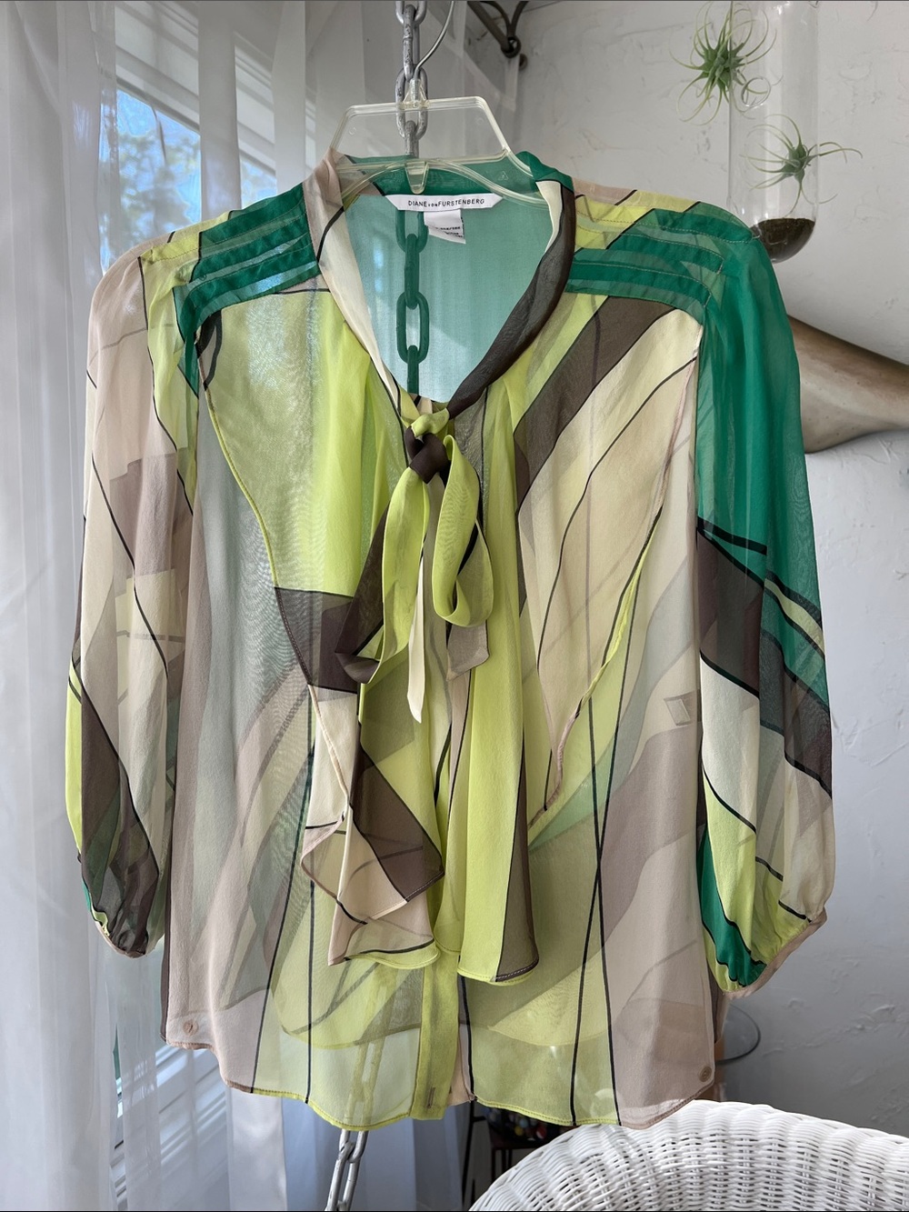 Diane Von Furstenberg Green, Cream & Brown Sheer Tie-Neck Blouse